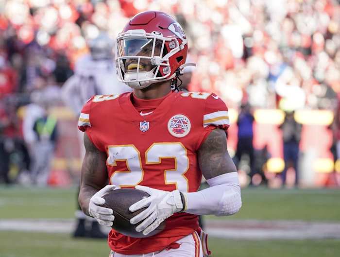 Dec 12, 2021; Kansas City, Missouri, USA; Kansas City Chiefs defensive back Armani Watts (23) celebrates on field after a defensive fumble recovery against the Las Vegas Raiders during the game at GEHA Field at Arrowhead Stadium. Mandatory Credit: Denny Medley-USA TODAY Sports